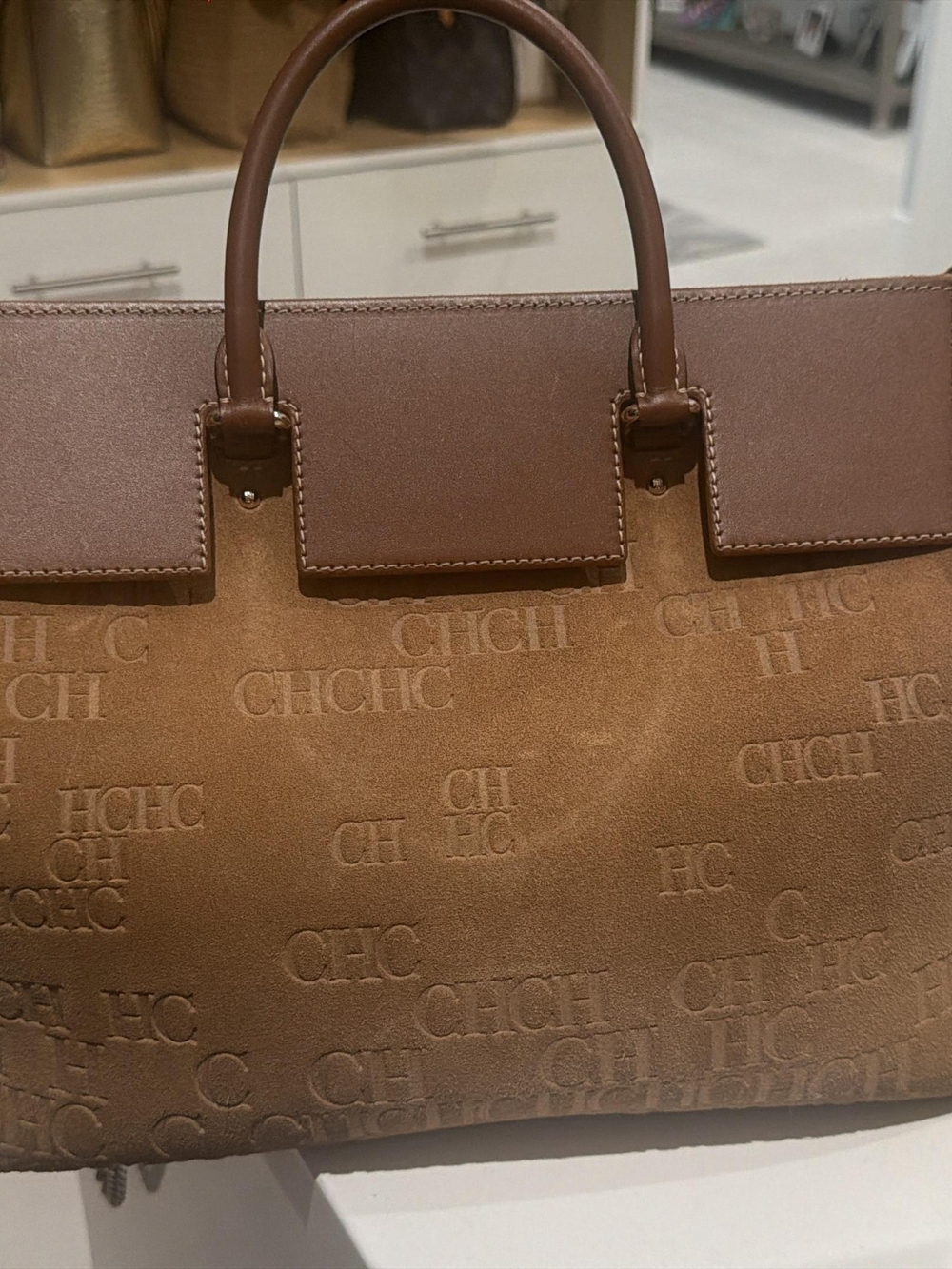 Carolina Herrera Brown Suede CH Logo Satchel